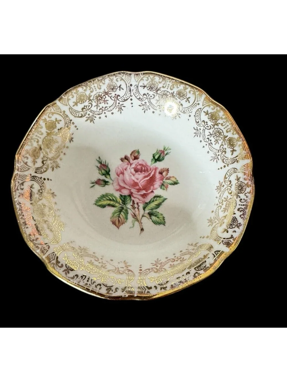 Trinket Dish Pink Cabbage Rose 22K Gold USA Floral Plate Coquette Granny Core